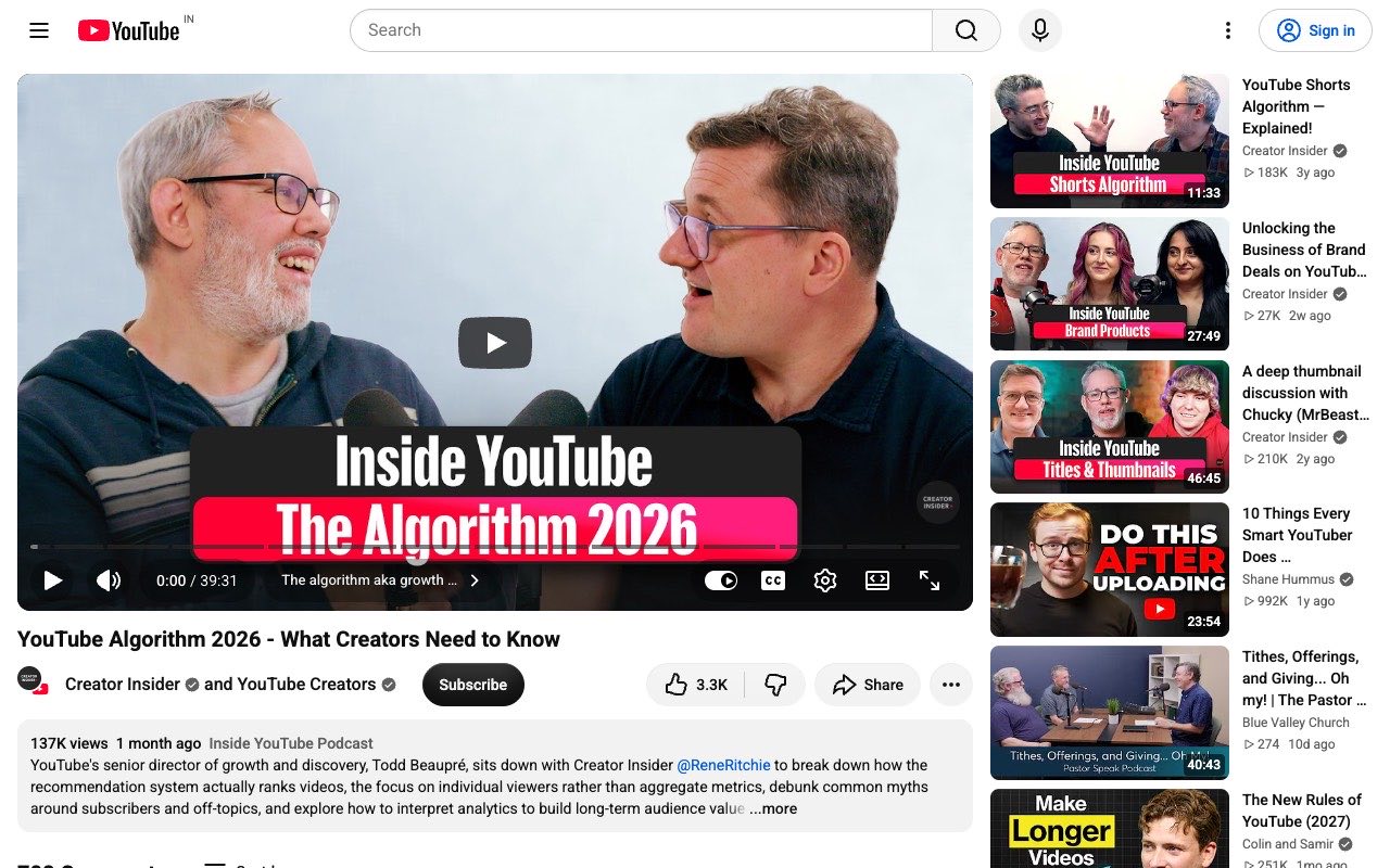 Creator Insider video page for YouTube Algorithm 2026, What Creators Need to Know, with Rene Ritchie and Todd Beaupré