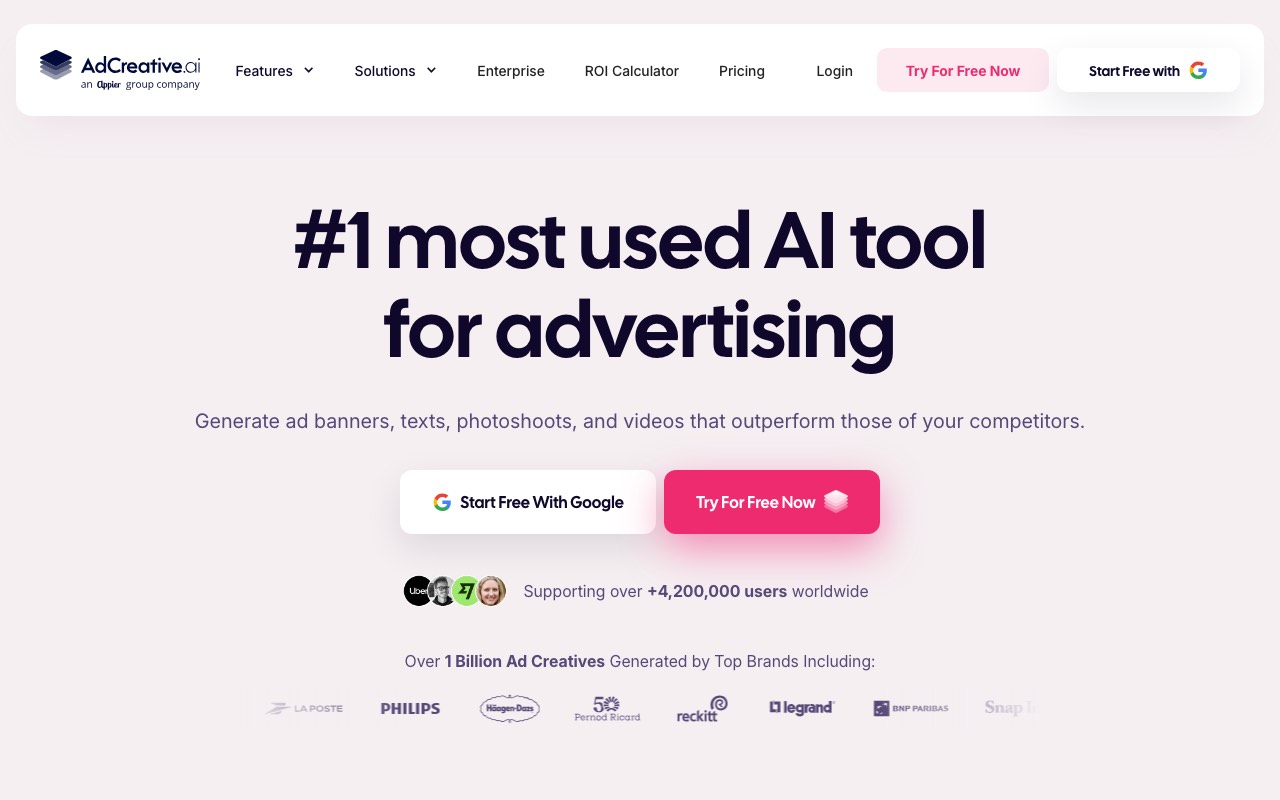 AdCreative.ai homepage with the headline number one most used AI tool for advertising