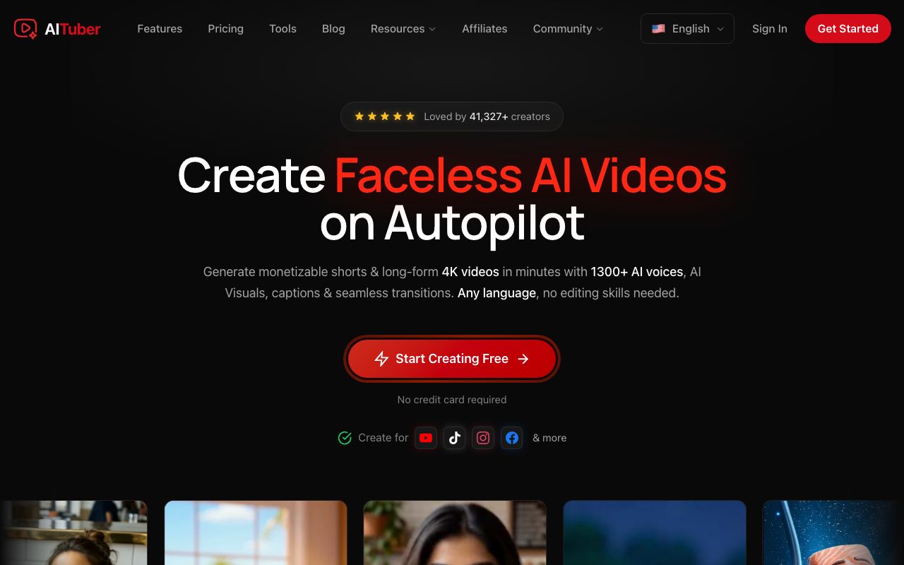 AITuber homepage showing faceless AI video creation on autopilot