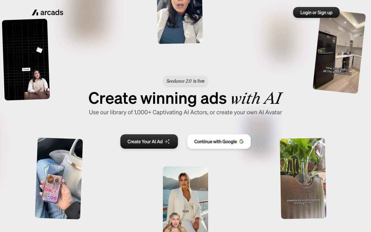 Arcads homepage showing UGC style ad clips made with AI actors