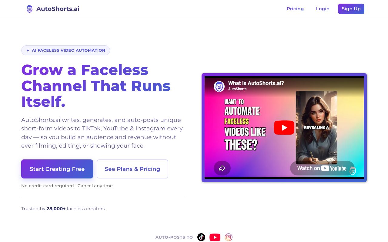 AutoShorts.ai homepage showing automated faceless channel tool