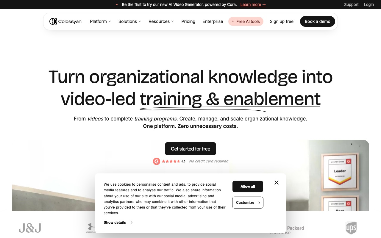Colossyan homepage showing video-led training and enablement platform