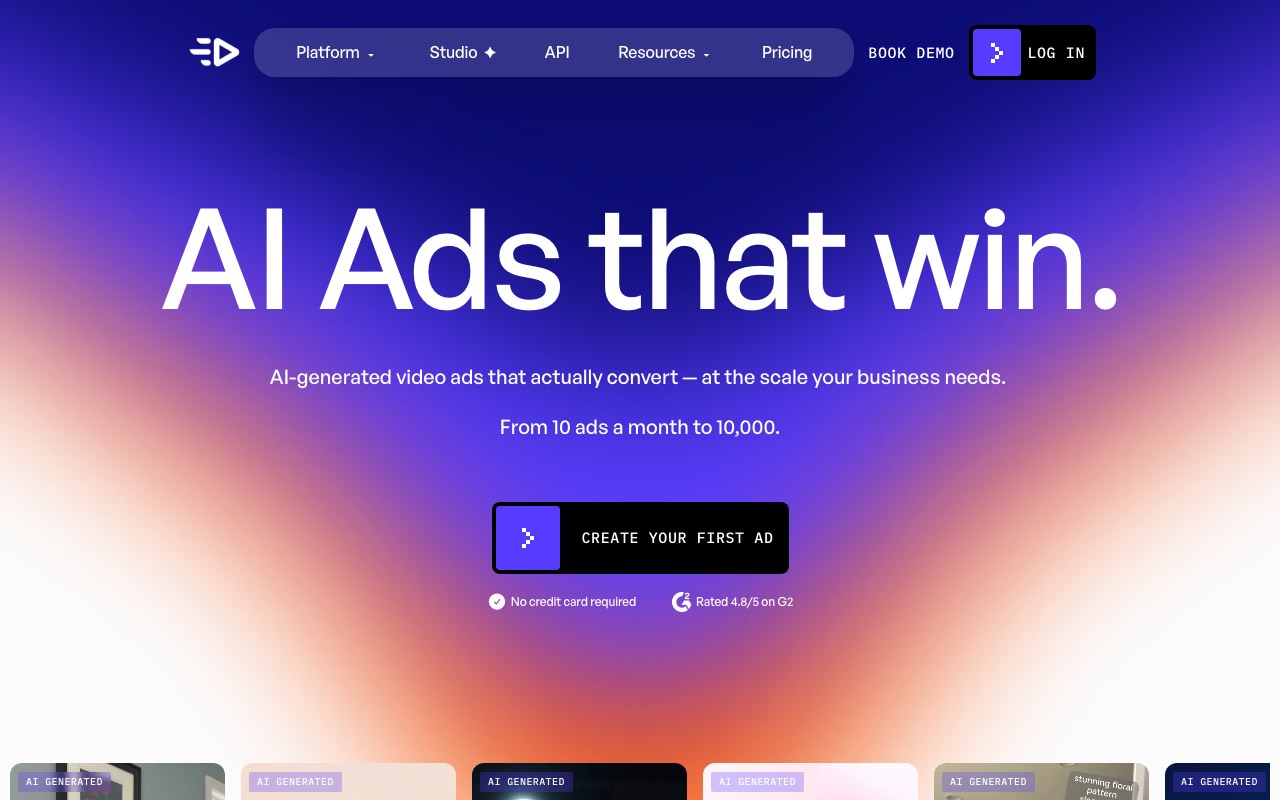 Creatify homepage with the headline AI Ads that win, above a row of AI generated video ads