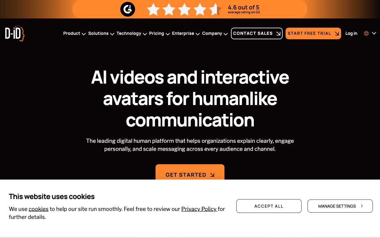 D-ID homepage showing AI videos and interactive avatars platform