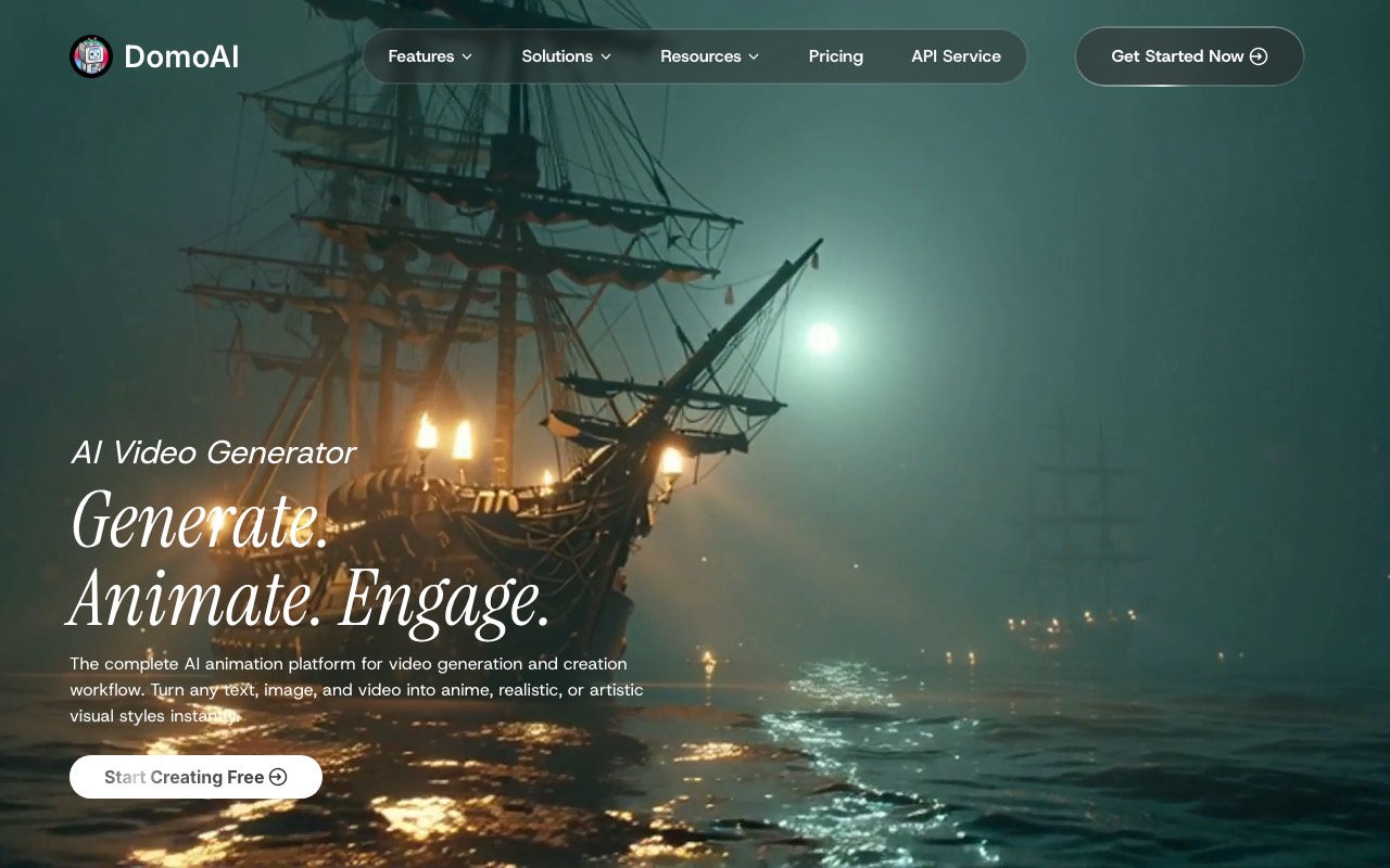 DomoAI homepage showing an AI animation platform that converts text, image and video into anime styles