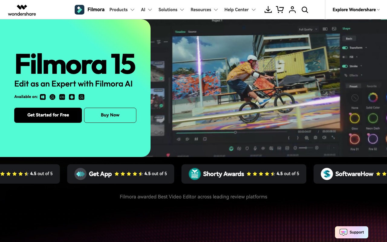 Wondershare Filmora 15 homepage with the tagline Edit as an Expert with Filmora AI, a timeline screenshot, and 4.5 out of 5 review badges