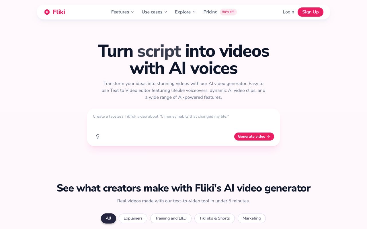 Fliki homepage showing script-to-video with lifelike AI voices