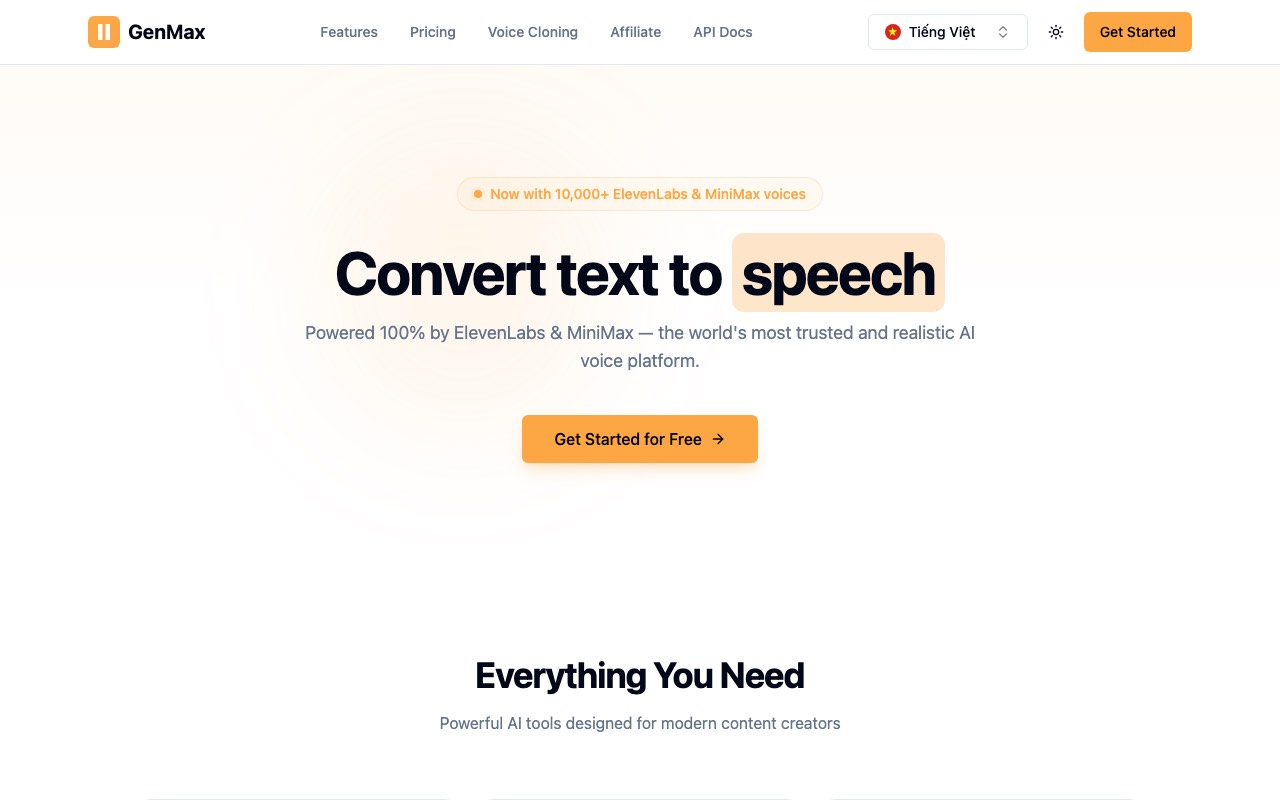 GenMax homepage with the headline Convert text to speech, a note about 10,000 plus ElevenLabs and MiniMax voices, and nav links for Features, Pricing, Voice Cloning, Affiliate, and API Docs