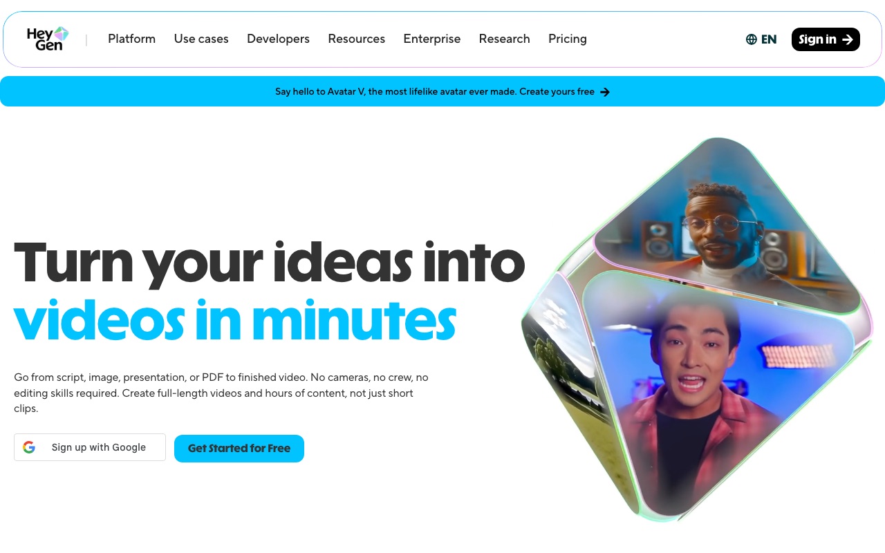 HeyGen homepage showing script, image, or PDF turned into a finished AI avatar video