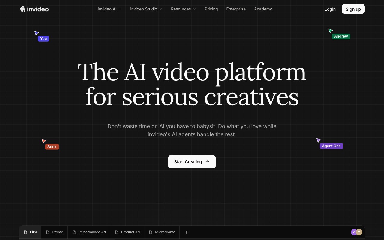 InVideo AI homepage showing its prompt-based AI video platform