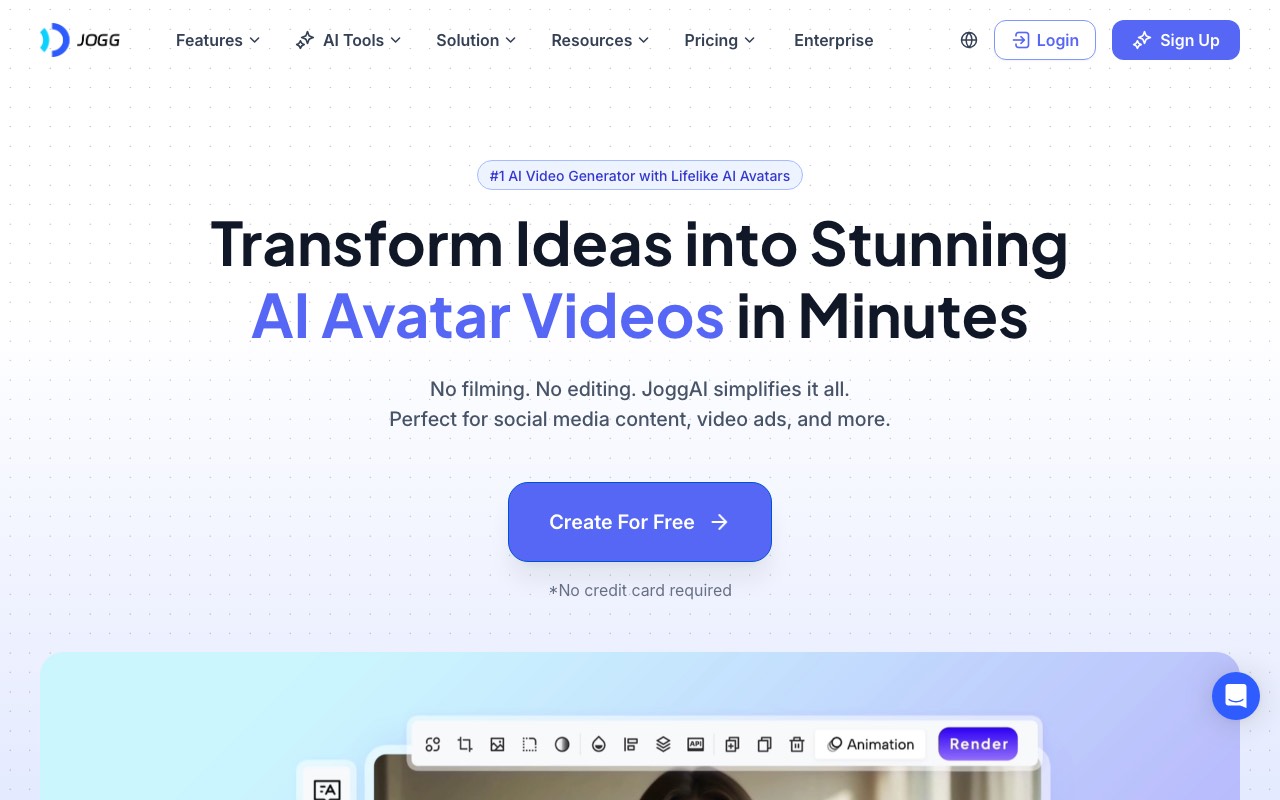 JoggAI homepage offering AI avatar videos made from an idea, with no filming or editing