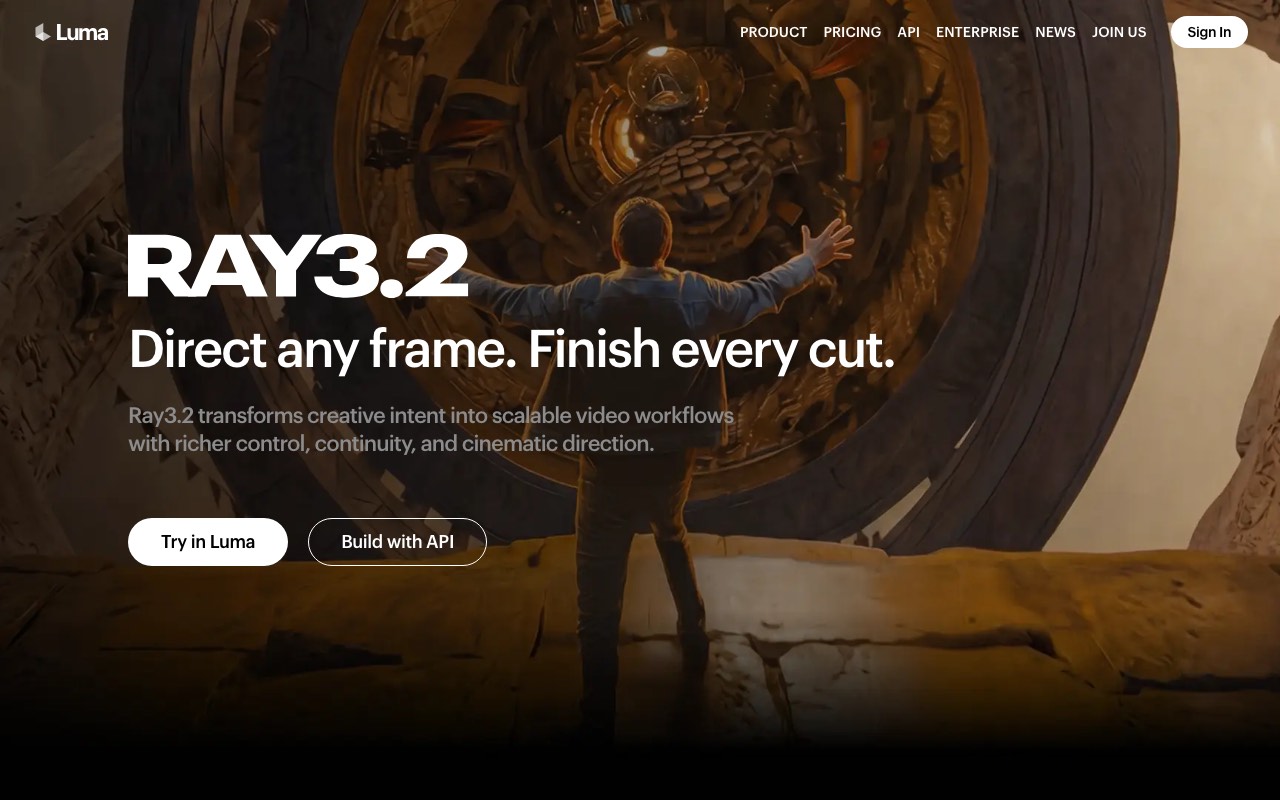 Luma Ray3.2 product page showing the video model tagline and calls to action to try it in Luma or build with the API
