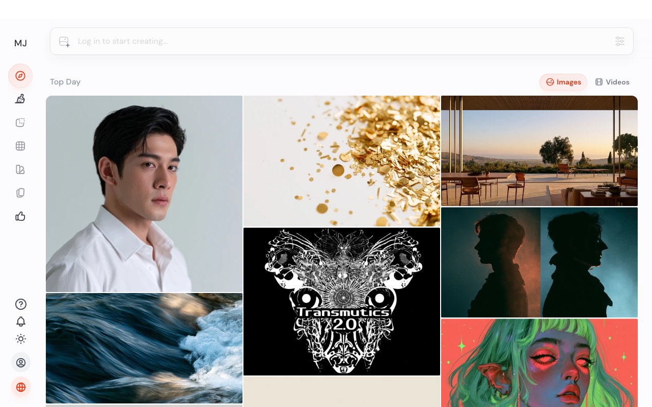 Midjourney explore page showing a gallery of generated images with a prompt bar and image and video tabs