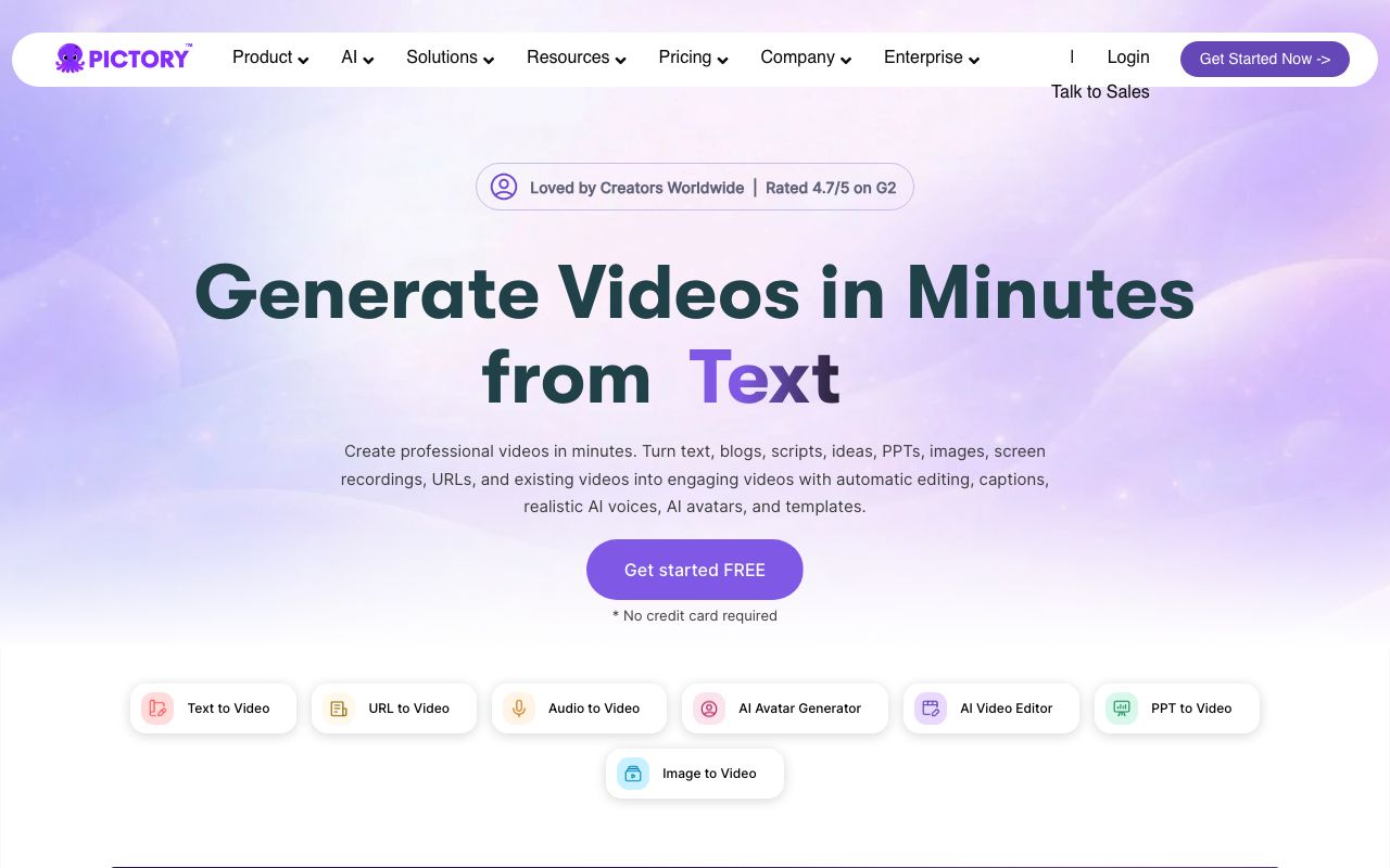 Pictory homepage showing text-to-video and blog-to-video generation