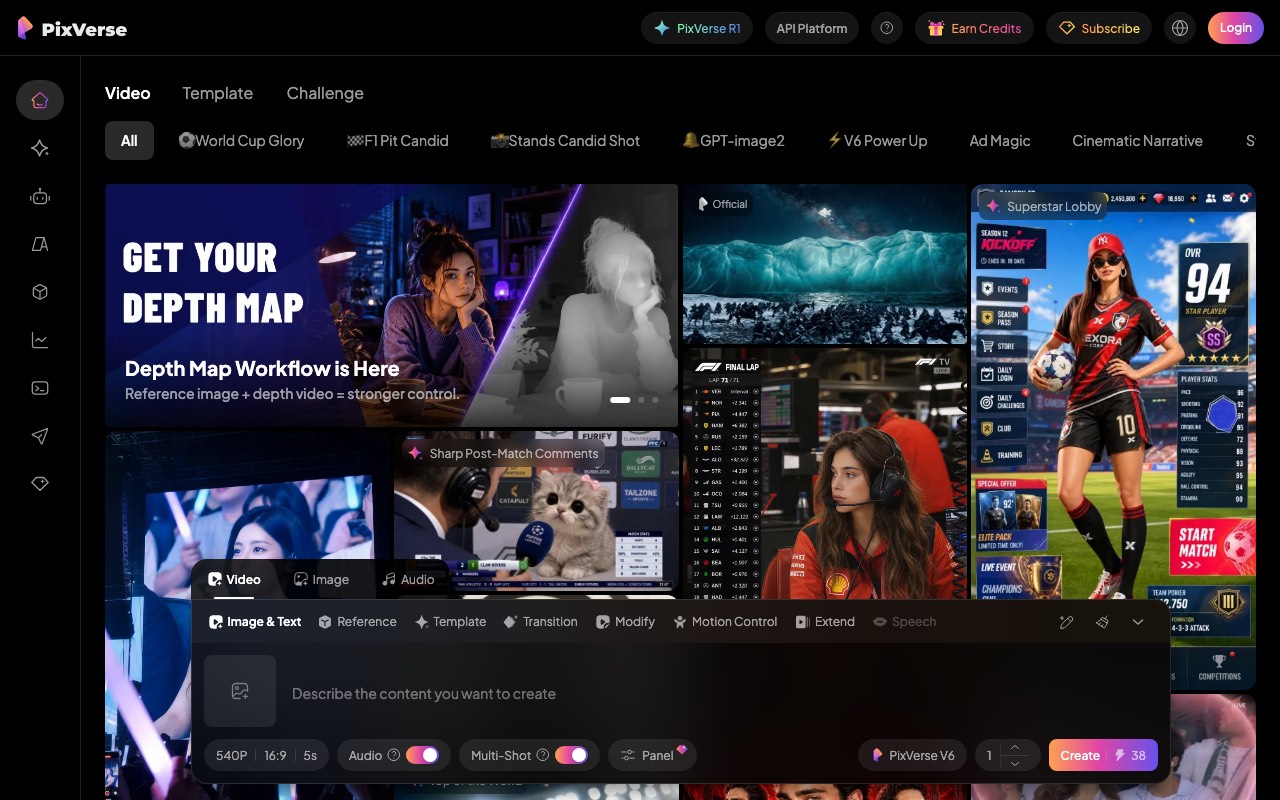 PixVerse app interface showing video templates, a generation prompt box and the PixVerse V6 model