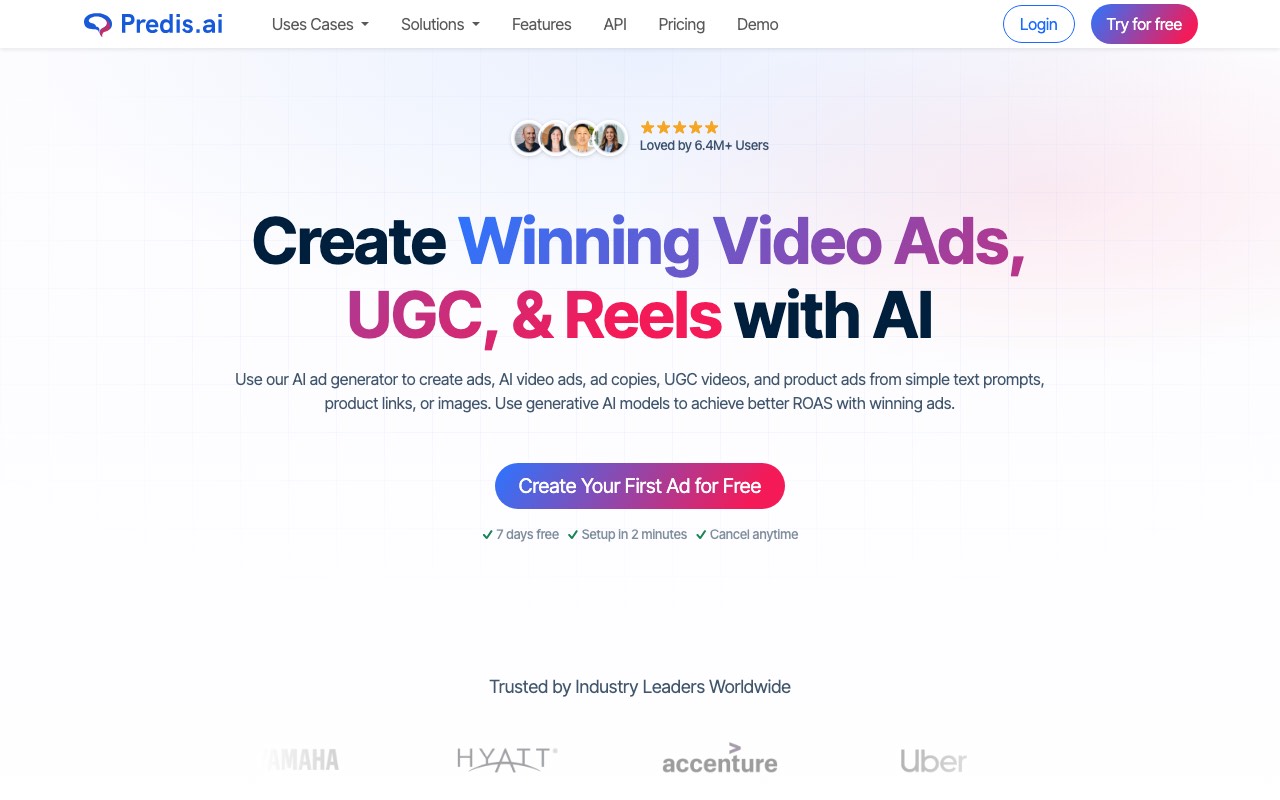 Predis.ai homepage with the headline create winning video ads, UGC, and reels with AI