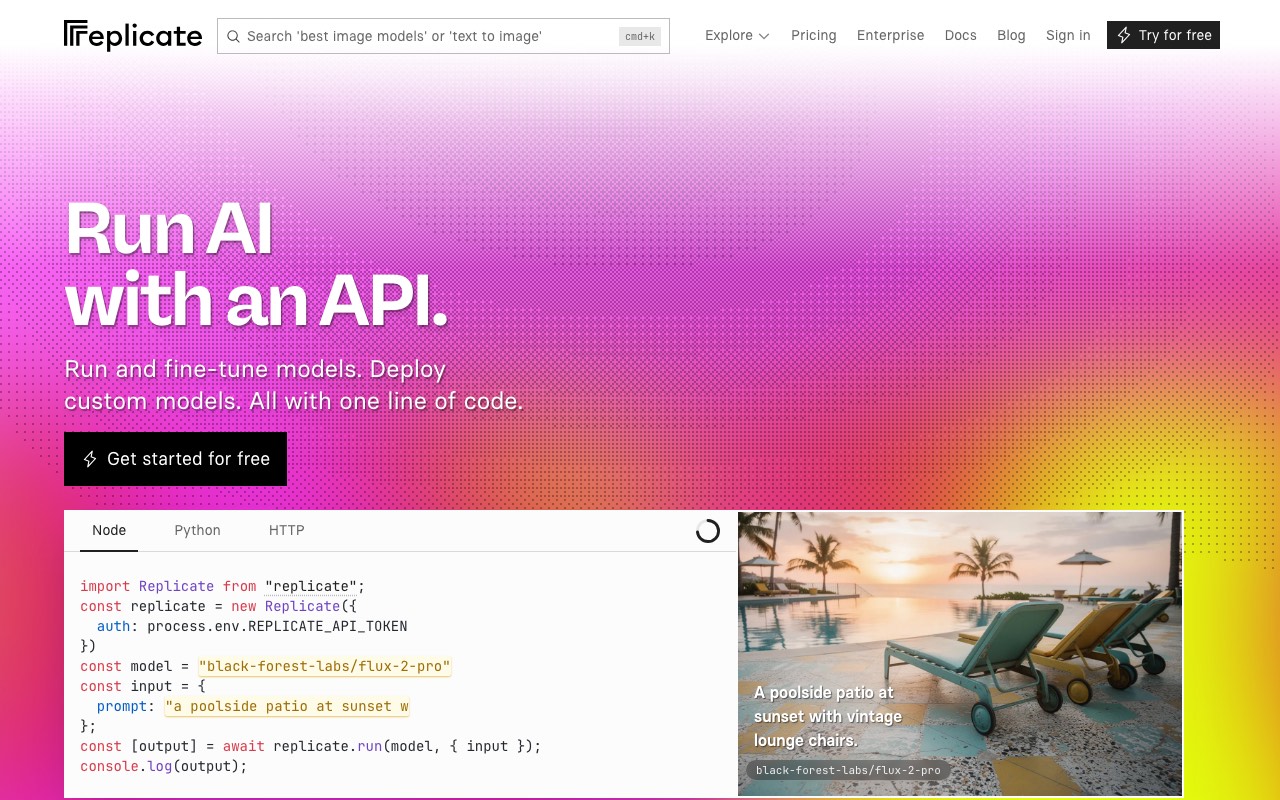 Replicate homepage showing Run AI with an API and a Node code sample