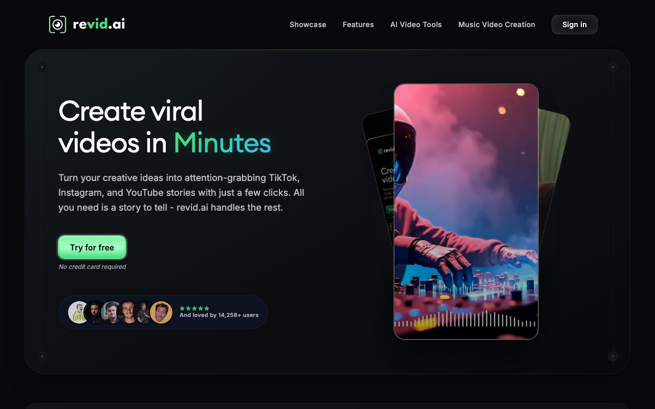 Revid.ai homepage showing viral faceless short video creation