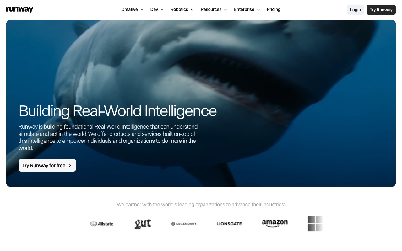 Runway homepage showing its generative AI video tools
