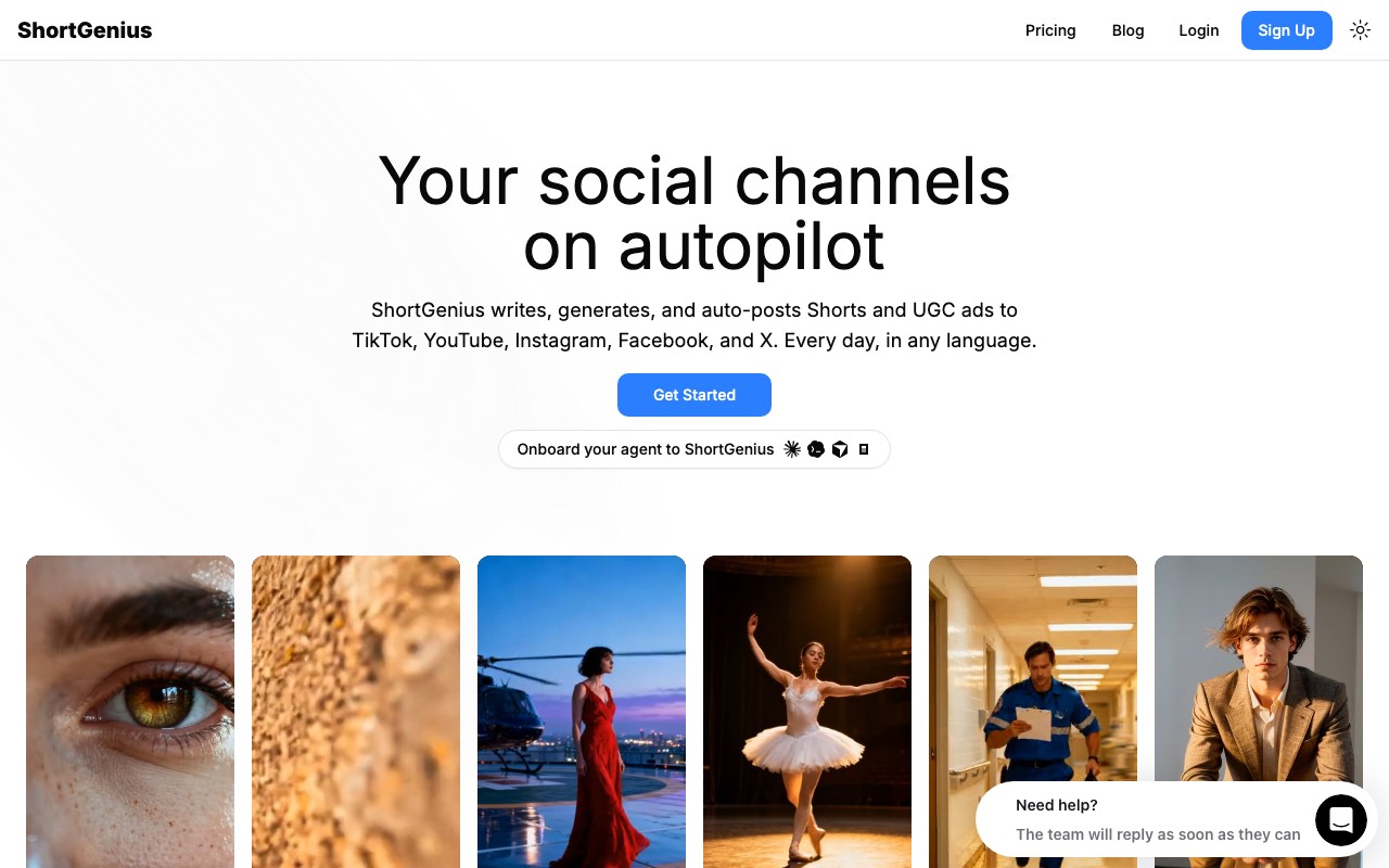 ShortGenius homepage with the headline your social channels on autopilot