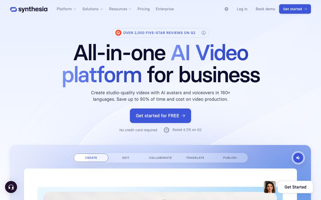 Synthesia homepage showing AI avatar video platform for business