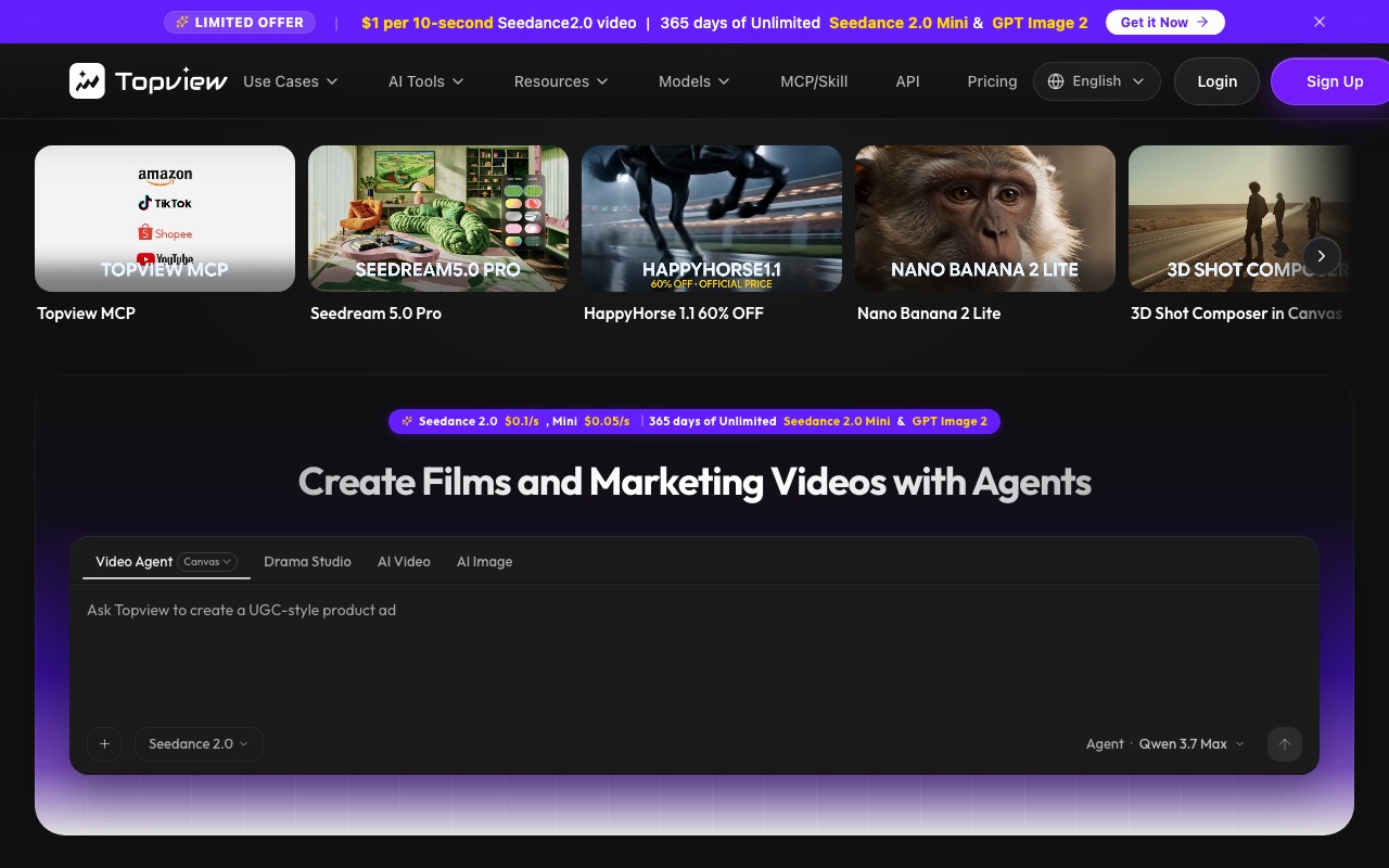 Topview homepage showing an AI video agent prompt box for creating a UGC style product ad