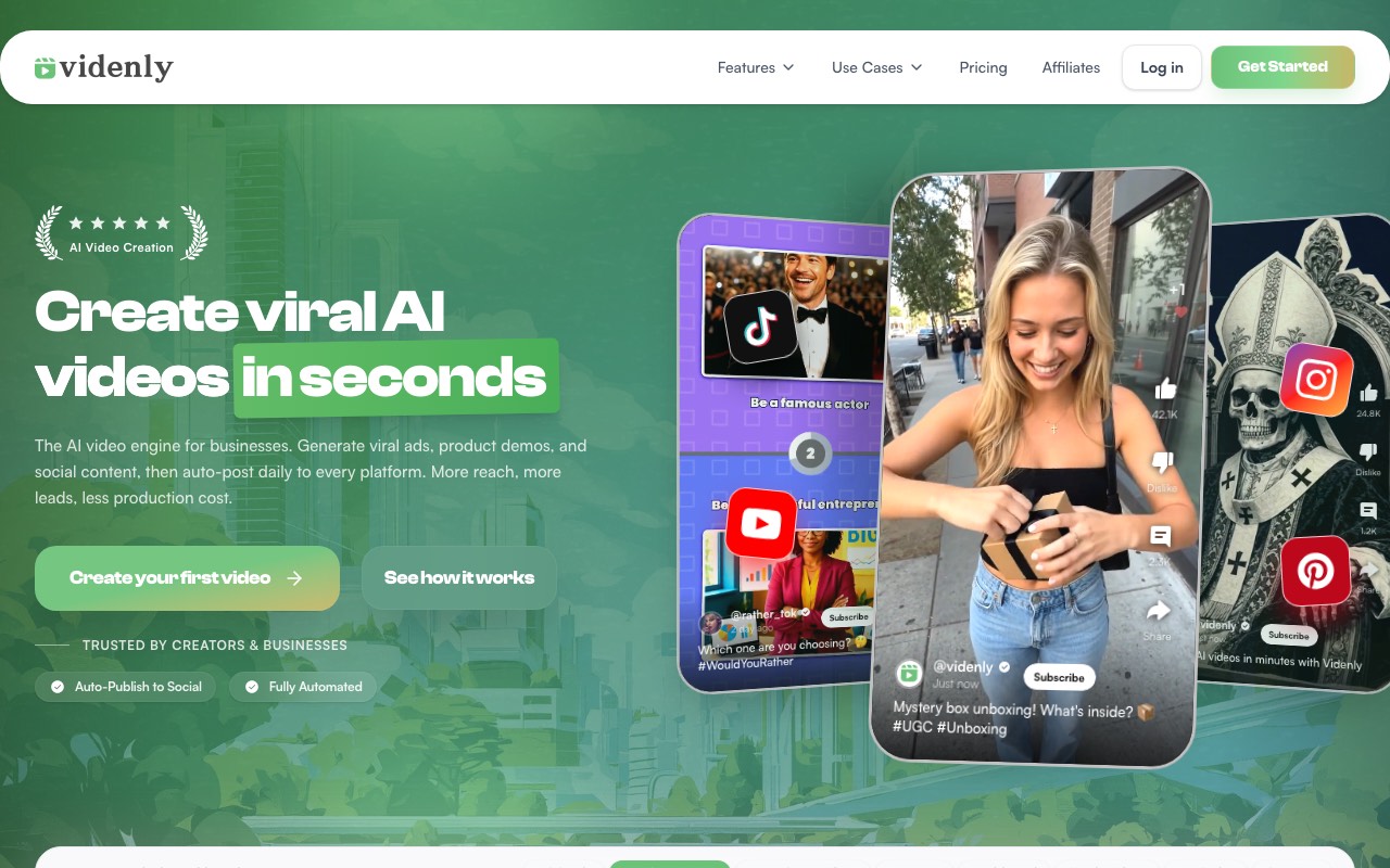 Videnly homepage with the headline create viral AI videos in seconds, showing vertical videos for TikTok, YouTube, Instagram and Pinterest