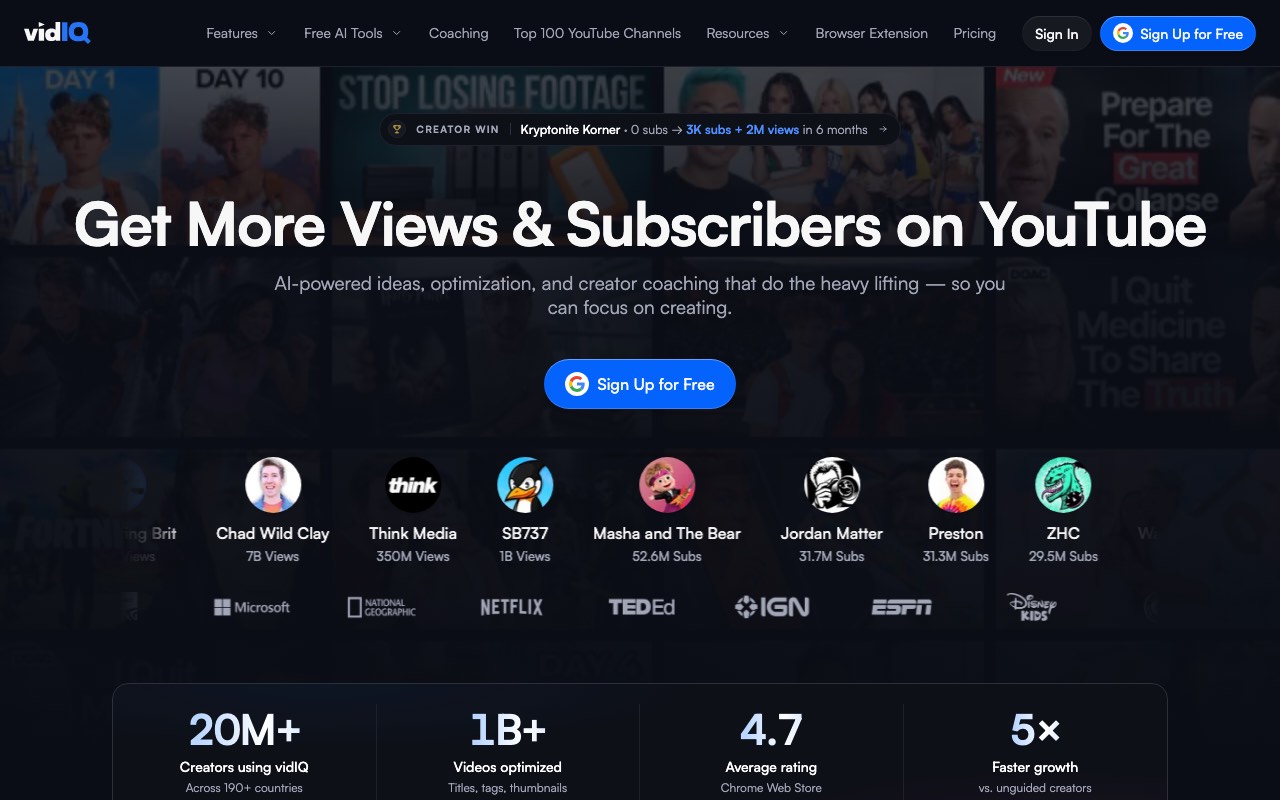 vidIQ homepage showing AI ideas and optimization for YouTube