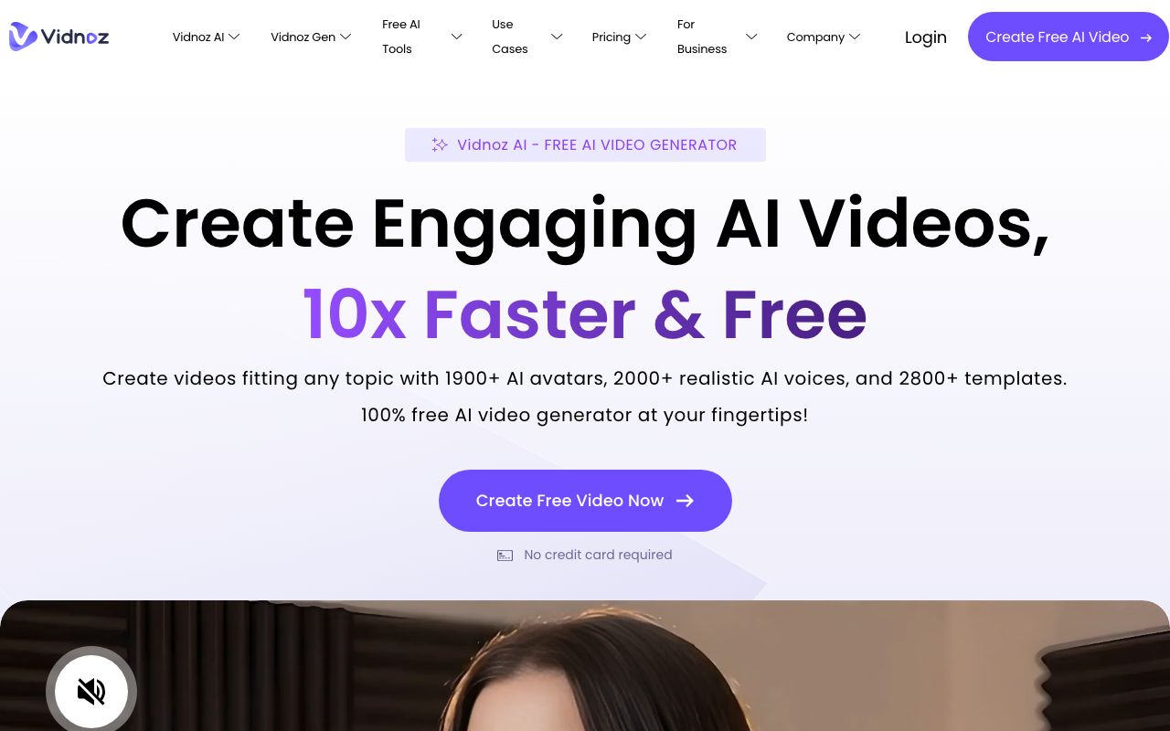 Vidnoz AI homepage showing free AI video and avatar generator