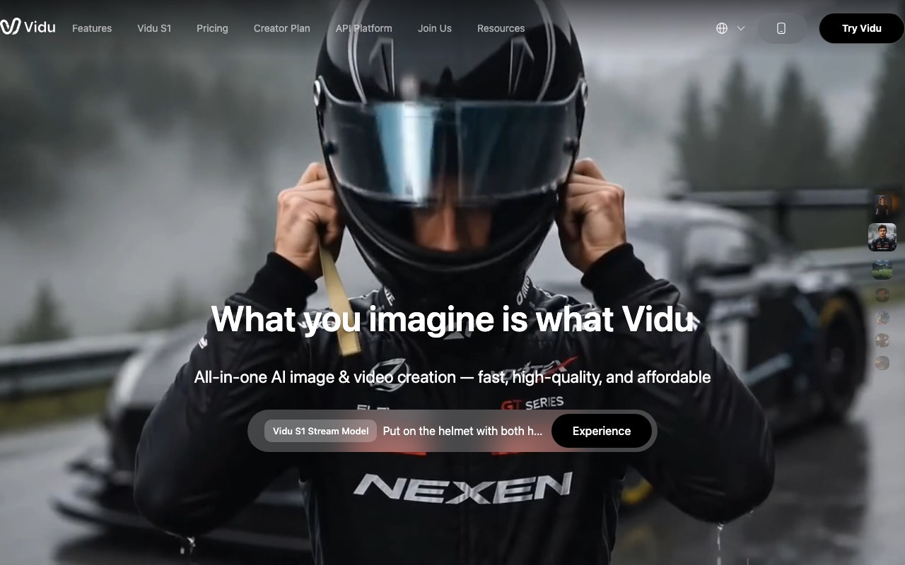 Vidu homepage showing an all-in-one AI image and video creation product